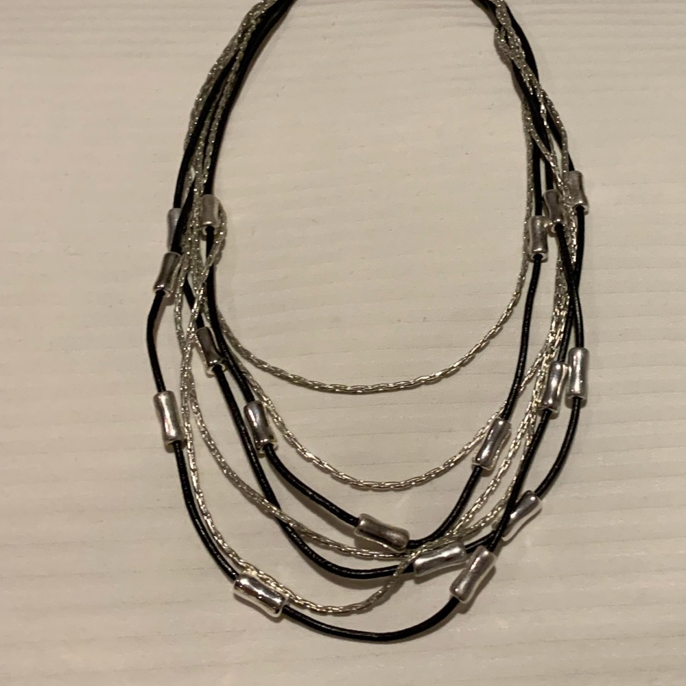 Multi strand leather and silver choker necklace